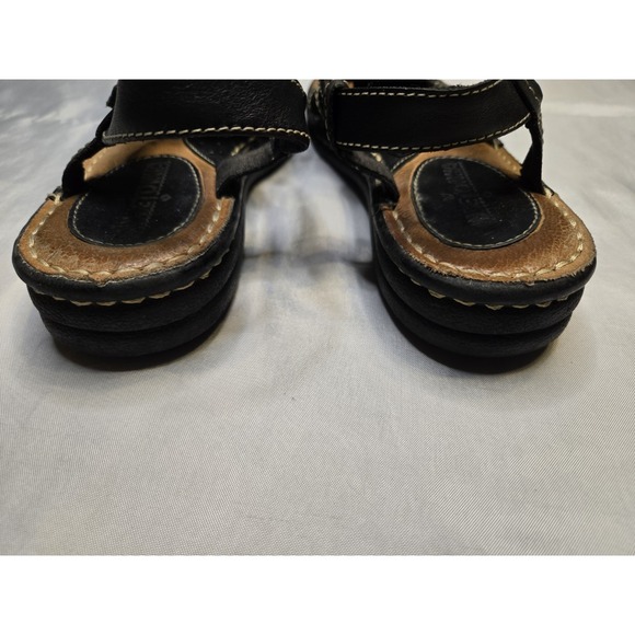 Minnetonka Womens 7.5 Black Brown Leather Sandals Slingback Adj Closure Comfort - Picture 5 of 9